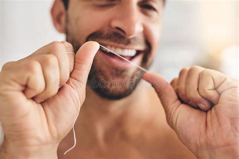 Hands Face And Man Flossing Teeth At Home For Dental Health Plaque