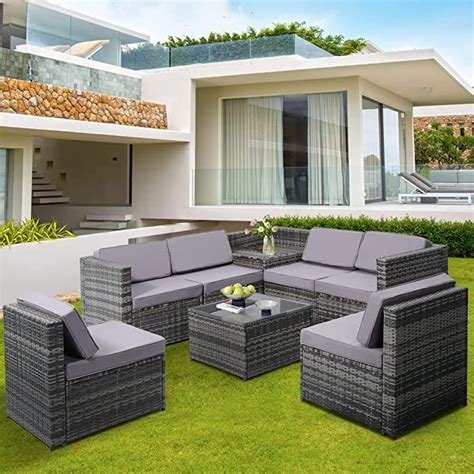 KROFEM 8 Pieces Outdoor Wicker Rattan Patio Furniture Sectional Set