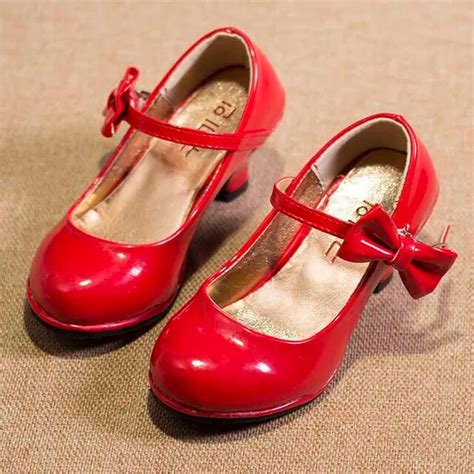 2016 New Spring Girls Red Shoes Kids High Heels Children Pu Leather