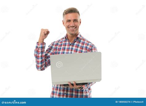 Pure Success Handsome Man Hold Laptop Isolated On White Laptop