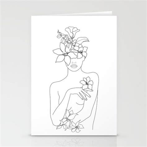 Minimal Line Art Woman With Flowers Iv Stationery Cards By Nadja Line