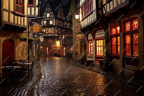 Premium AI Image | a cobblestone street at night