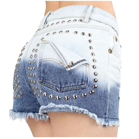 New Summer Womens Street Fashion Jeans Shorts Rivet Tassel Gradient Ripped Hole Sexy Denim