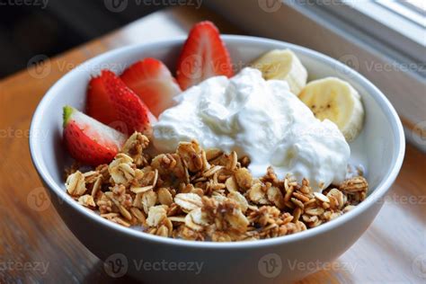 Healthy Breakfast Bowl With Greek Yogurt Sliced Bananas And Granola