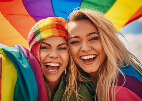 Una Hermosa Pareja Lesbiana Gay Feliz Con Los Colores Del Arco Iris En Un Campo De Flores Mes