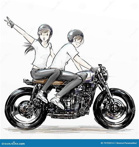 Cute Cartoon Boy And Girl Riding Motorcycle Stock Illustration