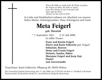 Traueranzeigen Von Meta Feigerl Trauer In NRW De