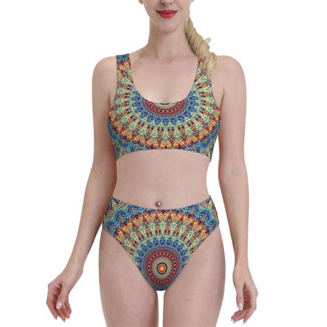 Adobk Round Mandala Print Women High Waisted Bikini Set Sports Swimsuit