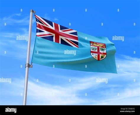 Beautiful Fiji Flag Waving In The Wind With Sky Background 3d