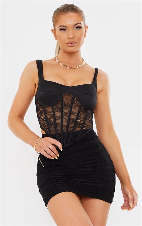 Black Woven Lace Panelled Curved Hem Corset Prettylittlething Aus