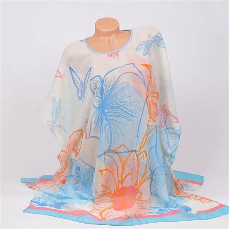 Свежа плажна туника с големи цветя в синьо и оранжево | Tunika