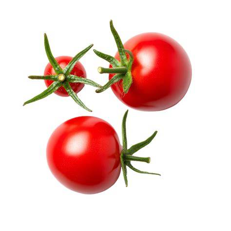 Fresh red cherry tomatoes with vibrant green stems isolated on a clean