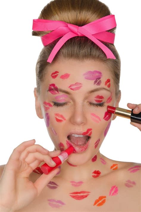 Woman With Kisses On Face In Lipstick And Lips Stock Photo Image Of Blonde Pink