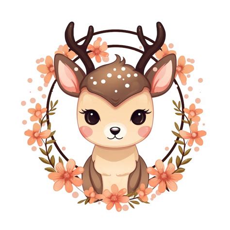 Premium Ai Image Cartoon Deer With Antlers And Flowers In A Wreath