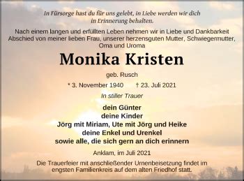 Traueranzeigen Von Monika Kristen Trauer Nordkurier