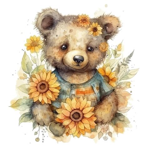 Aquarell Illustrationsgemälde eines Teddybären mit Blumen Premium KI