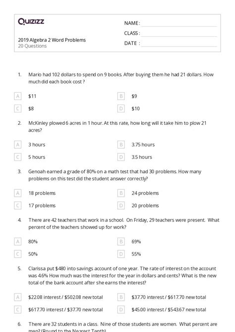 50 Algebra 2 Worksheets For 11th Grade On Quizizz Free And Printable