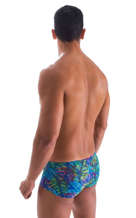 Extreme Low Square Cut Swim Trunks In Tan Through Neon Ferns