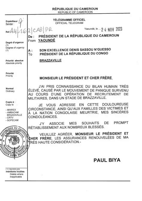 Condol Ances De Paul Biya Denis Sassou Nguesso Suite Au Mouvement De