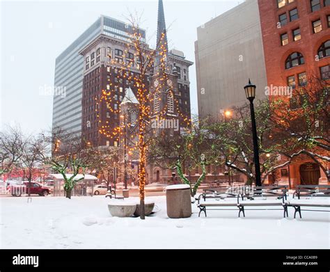 Downtown Cleveland With Snow Lit Up During Christmas Stock Photo Alamy