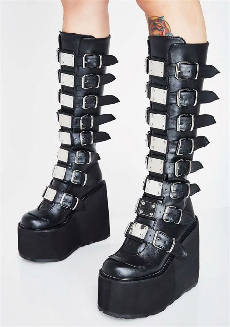 Demonia Swing 815 Buckle Knee High Platform Boots Black Goth Shoes Goth Boots Demonia Boots