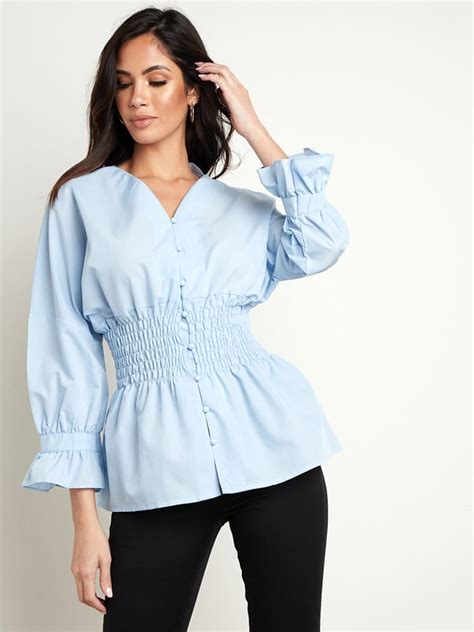 Balloon Sleeves Shirred Waist Blouse With Button Loop Styli