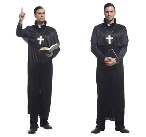 Black Classic Priest Costumes With Cross Necklace Adult Churchman Missionary Rason Father Party