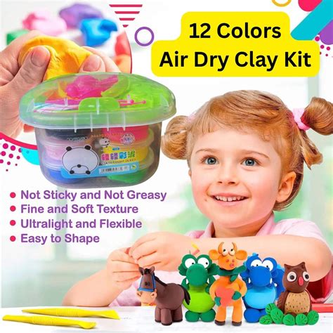 12 Clay Air Dry Clay Kit with Tools & Case Set Kids Educational Travel ...