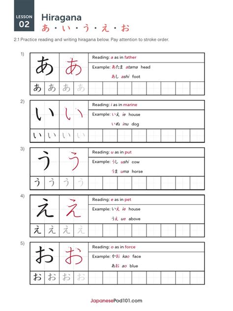 Hiragana Worksheet Lesson2 Aiueo | PDF