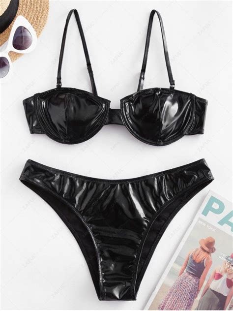 Off Zaful Knotted Back Patent Leather Bikini Set In Black Zaful