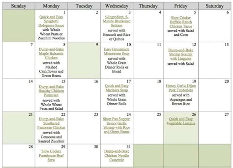 30 Day Diet Meal Plan Calendar Weight Loss