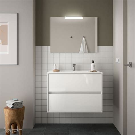 Ensemble Meuble De Salle De Bain 80cm 2 Tiroirs Blanc Brillant Vasque