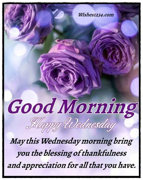 Purple Roses Are In Front Of A Blue Background With The Words Good Morning Happy Wednesday