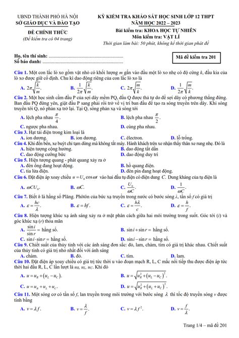 Đề Thi Thử Thpt Quốc Gia 2023 Môn Lý Sở Gd Hà Nội