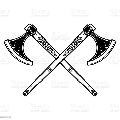 Illustration Of Two Crossed Viking Axe In Engraving Style Design In