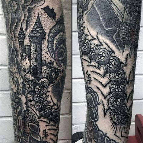 Old School Black And White Mystical Castle Tattoo On Arm Tattooimages Biz