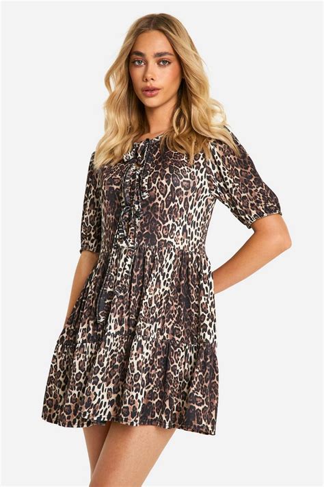 Leopard Rib Tie Front Smock Dress Boohoo Uk