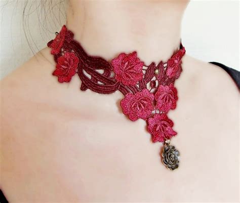 Lace Choker Necklace Red Gothic Choker Floral Wine By LaceFancy