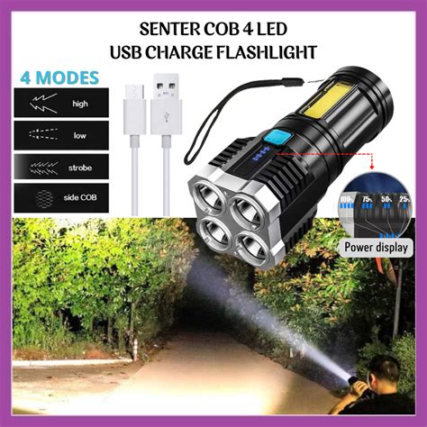 Senter 4 LED Super Terang COB Light 4 Mode Senter LED Jarak Jauh Lampu