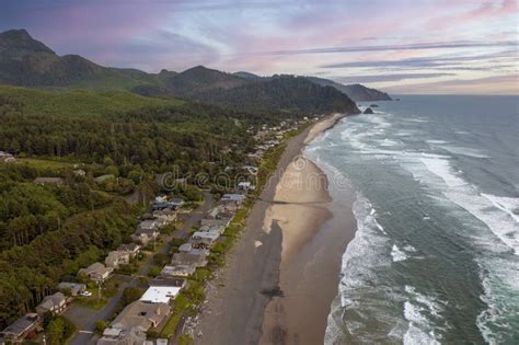 Aerial View Of Arch Cape Oregon At Sunset Stock Photo Image Of