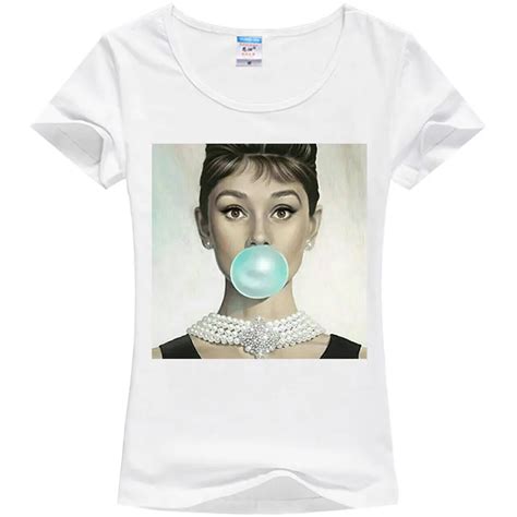 Fashion Women Casual Cotton T Shirt Audrey Hepburn Bubblegum Print