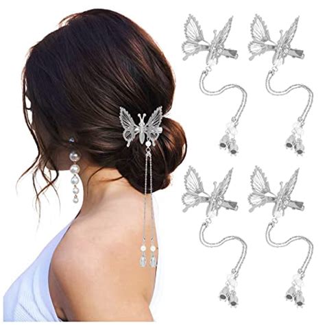 Deeka Moving Tassel Butterfly Hair Clips 4 Pcs 3d Metal Silver Moving Wings Butterfly Hairpins