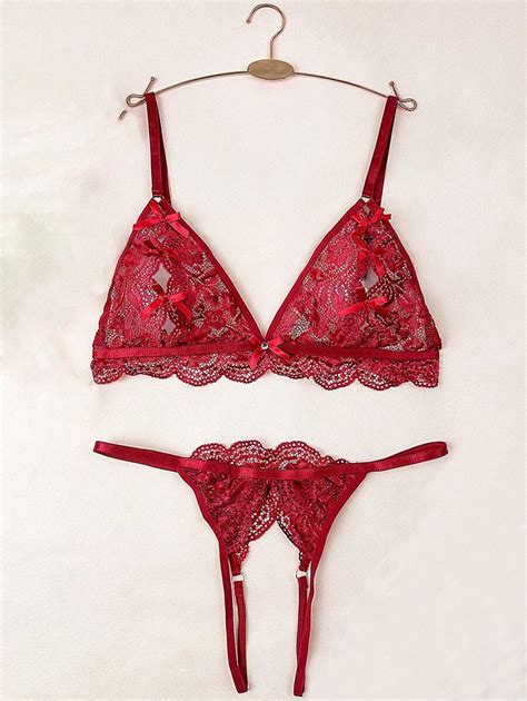 Ensemble de lingerie sexy avec nœud en dentelle rouge vin et lingerie érotique semi transparente