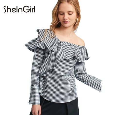 Sheingirl Fashion Plaid Women Sexy Shirts Cold One Shoulder Ruffles