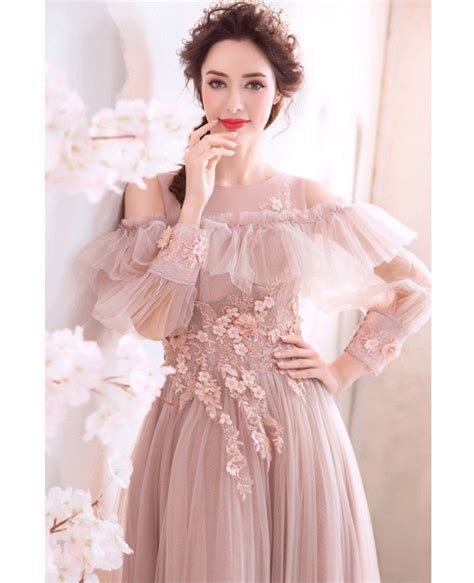 Gorgeous Nude Pink Flowy Tulle Long Prom Dress With Long Sleeves Wholesale T16061 GemGrace
