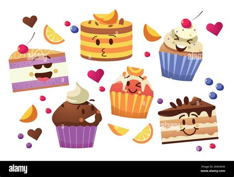 Cupcake Characters Kawaii Cartoon Muffins Sweet Cake Mascots With