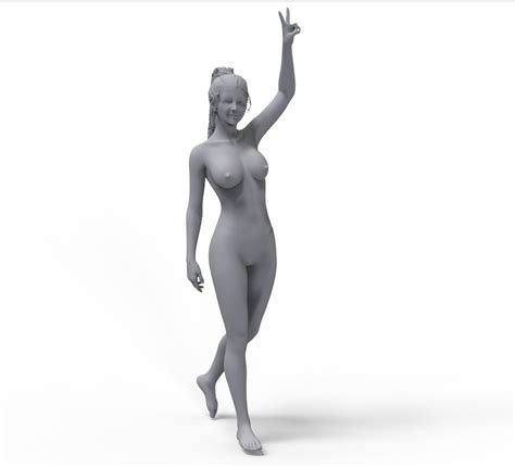 STL File Sexy Nude Female Ponytail Girl With Two Finger Gesture Winning Pose 3D Printing