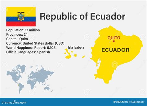 Highly Detailed Ecuador Map With Flag Capital And Small Map Of The World Stock Vector