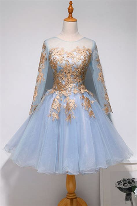 Light Blue Tulle Long Sleeve Short Lace Applique Prom Dress Homecoming