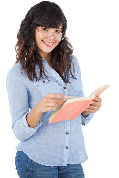 Premium Photo Brunette Wearing Glasses And Holding Her Book